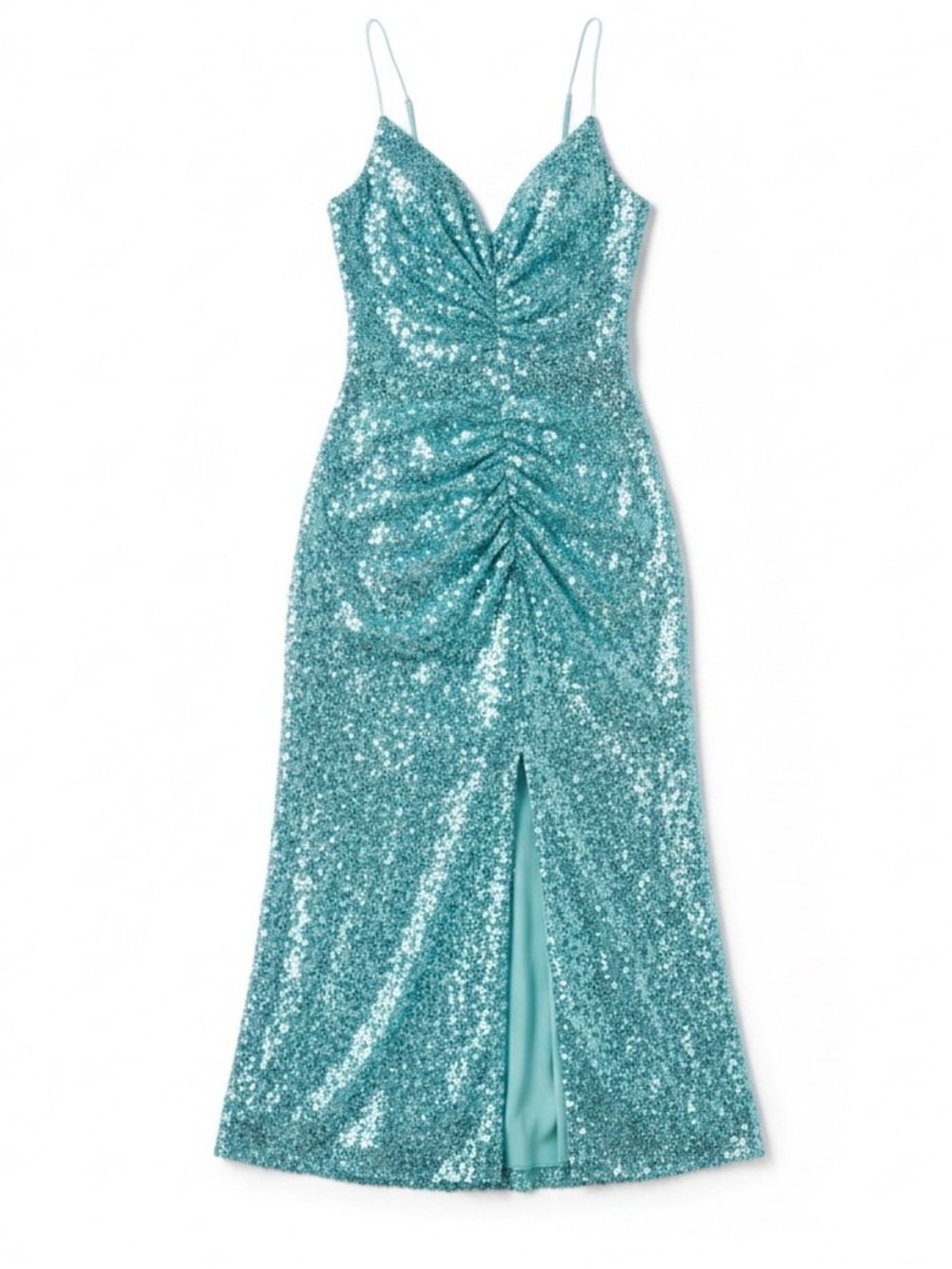 Monique Lhuillier Stunning Aqua Blue Sequin Ruched Midi Gown
